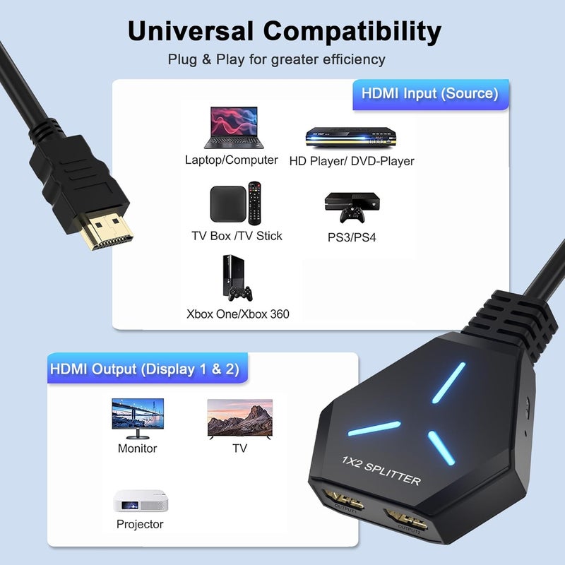 Closs HDMI Splitter for Dual Monitors Duplicate/Mirror (Not Extend), 4K HDMI Splitter 1 in 2 Out for Full HD 4K@30hz, 1080P, 3D, Compatible with Xbox, PS4, PS5, TV, Projector, Computer - Image 3